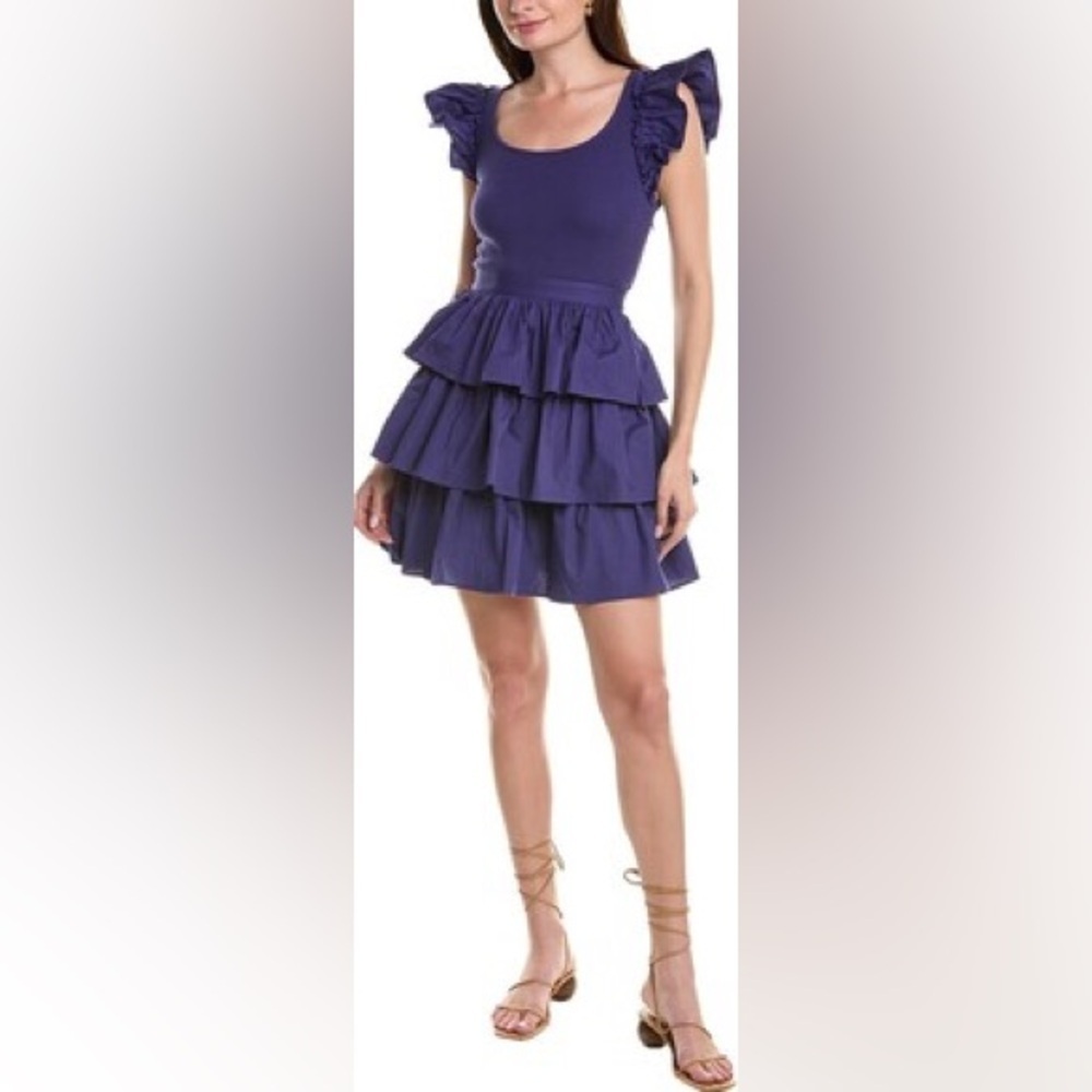 RACHEL PARCELL Ruffle Poplin Mini A Line Dress in Navy Blue Purple size 6 NWT
